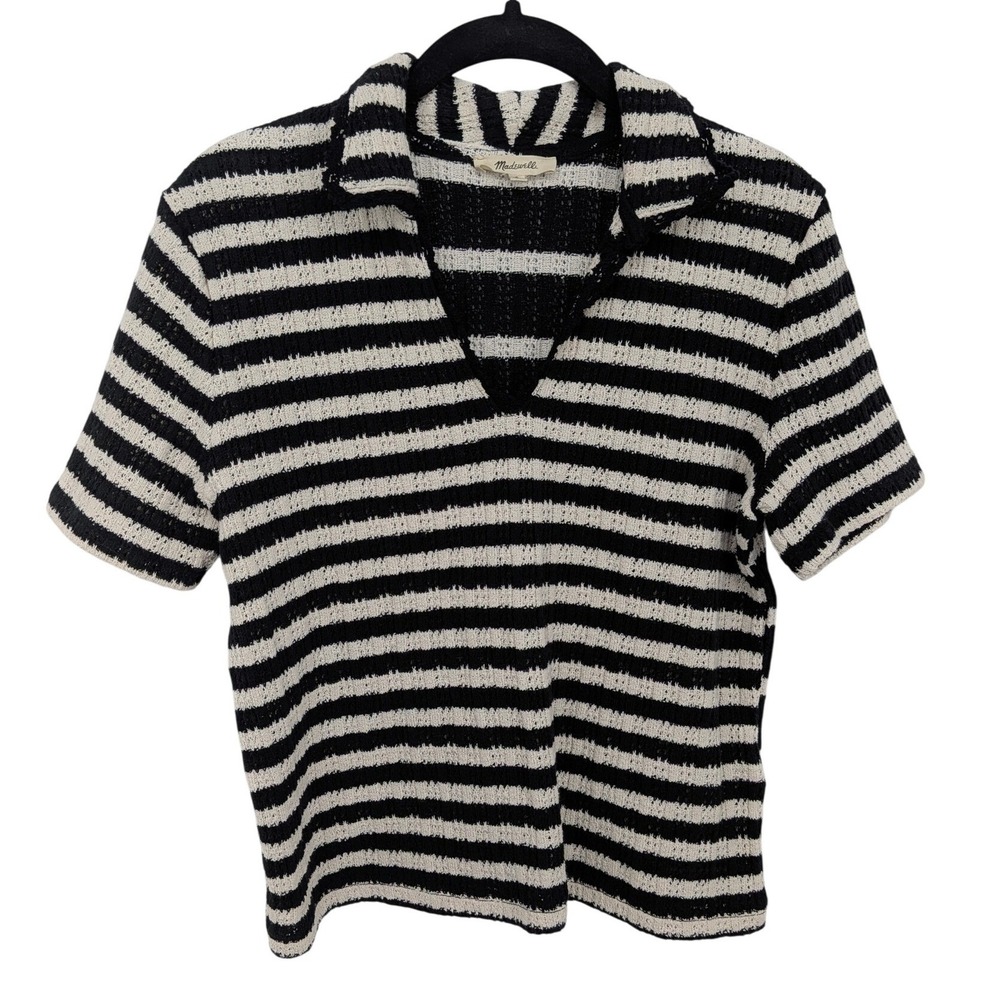 Madewell Polo Shirt Women Small Black Striped Crochet Knit V-Neck Short Sleeve